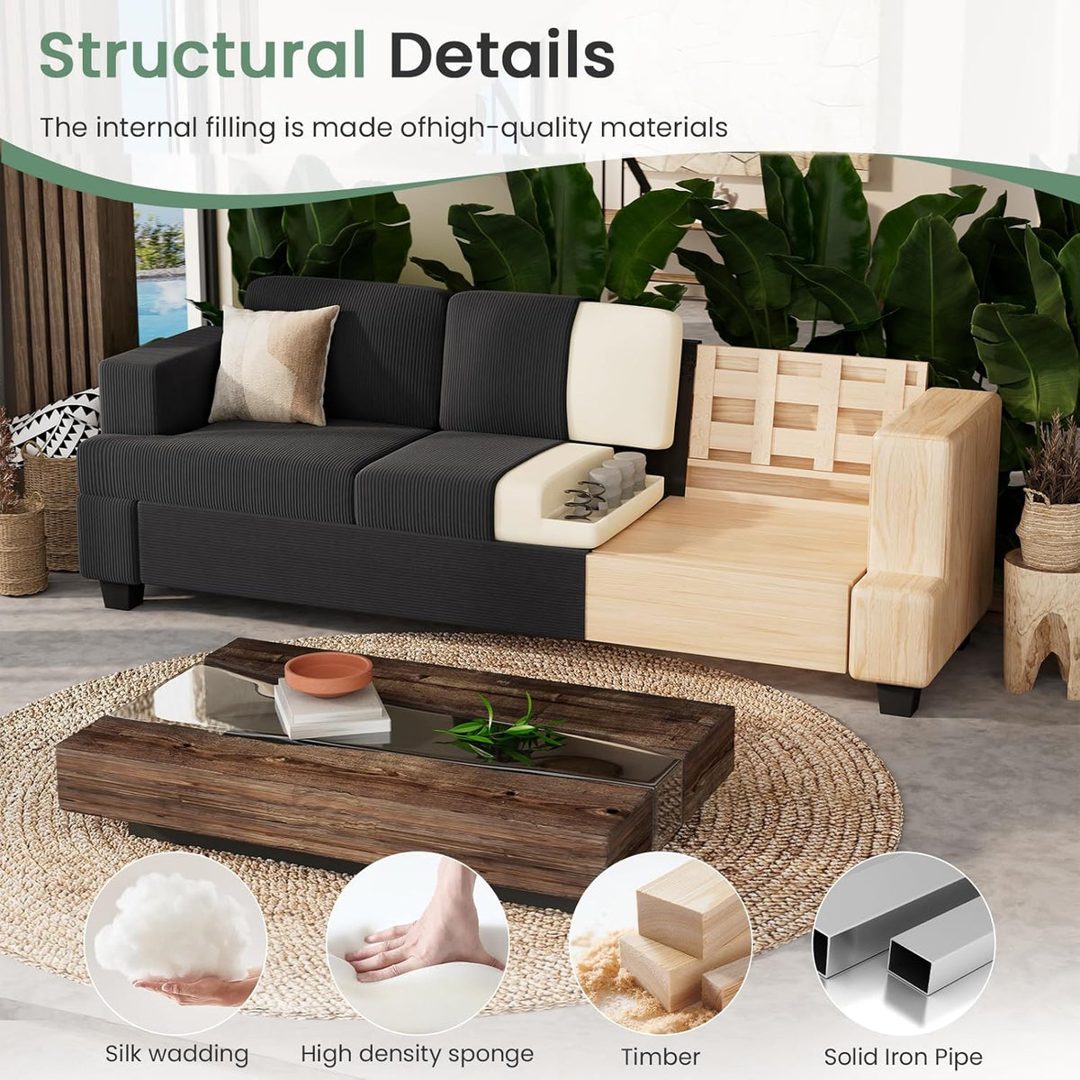 3 Pieces Corduroy Couch Set for Living Room, 8 Seats Cloud Sofa, Deep Seat Floor Couch for Bedroom