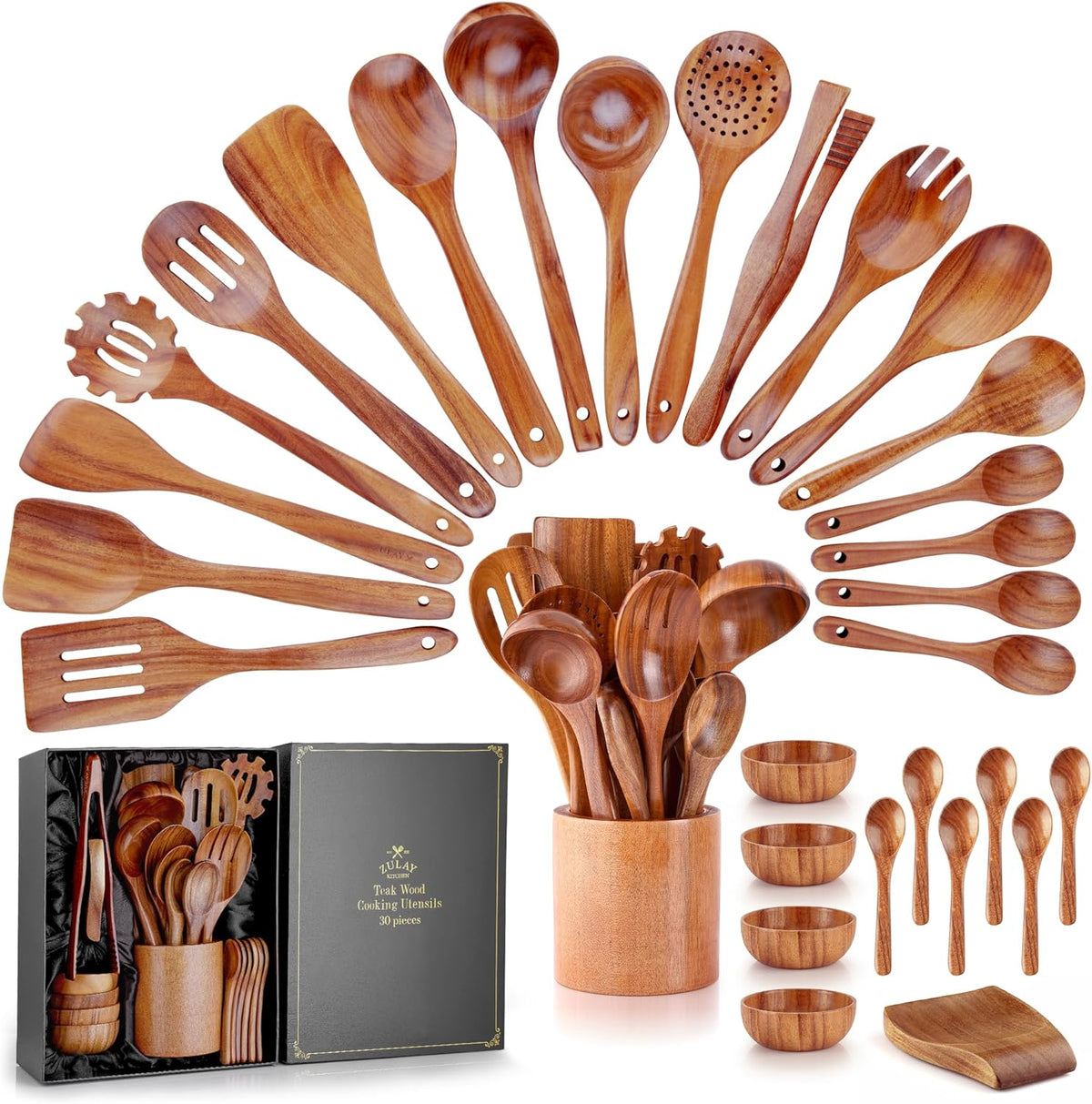 Zulay Kitchen 30-Piece Teak Wooden Utensils - Natural Teak Cooking Utensils with Premium Gift Box