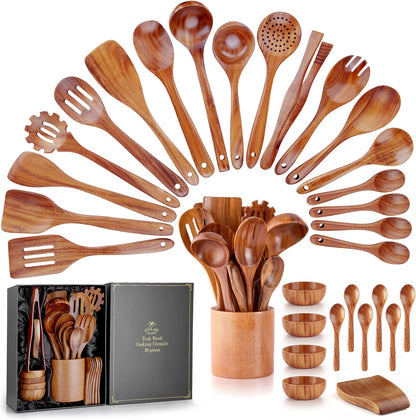 Zulay Kitchen 30-Piece Teak Wooden Utensils - Natural Teak Cooking Utensils with Premium Gift Box