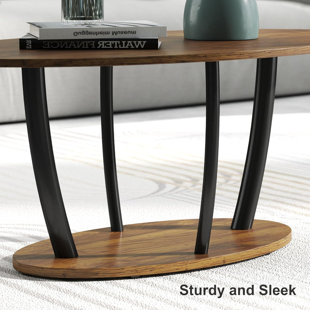 Manora Small Oval Coffee Table with Storage, Farmhouse Industrial Center Table for Living Room