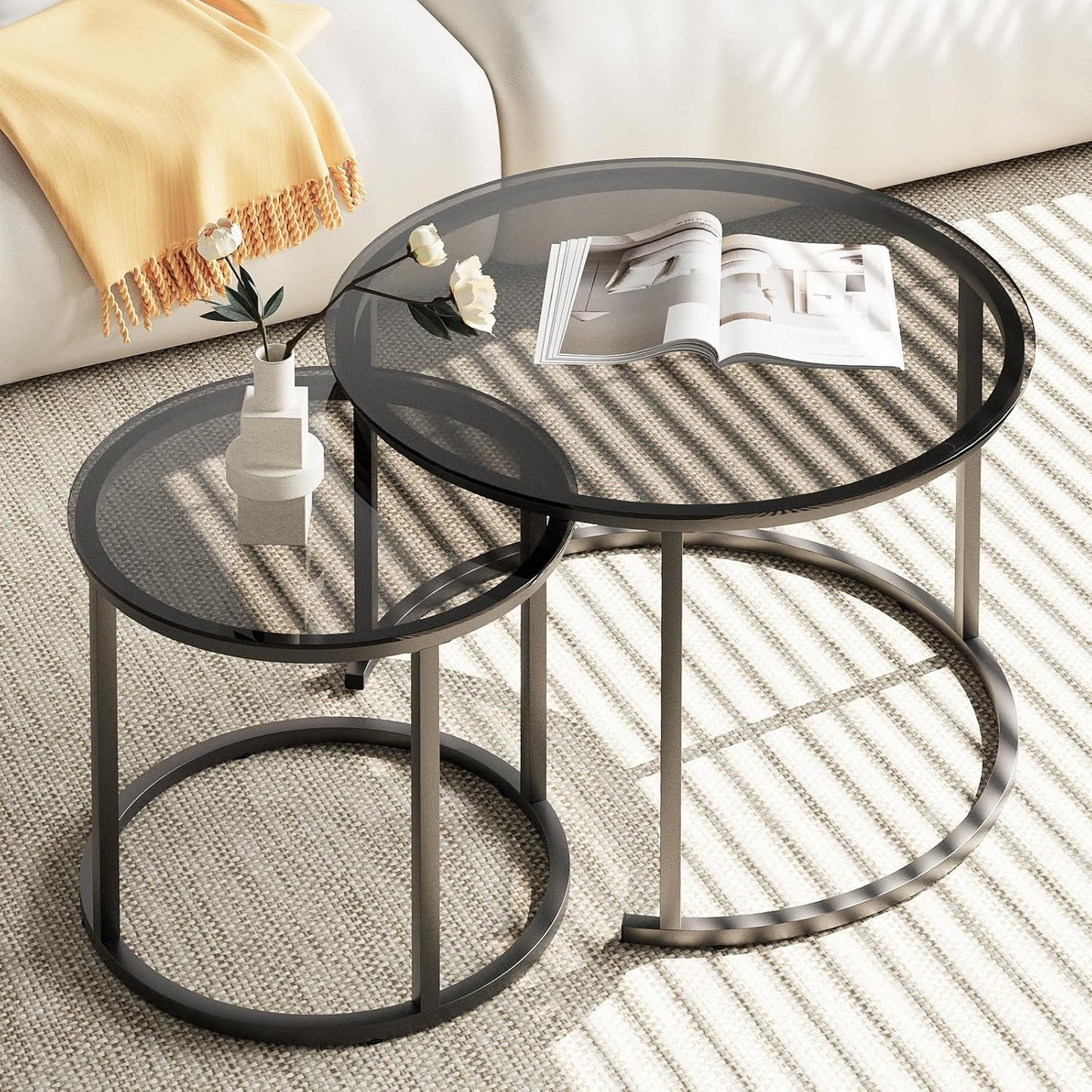 aboxoo Nesting Coffee Table Grey Glass Table Set of 2, Small Round Glass Nesting Tables for Living