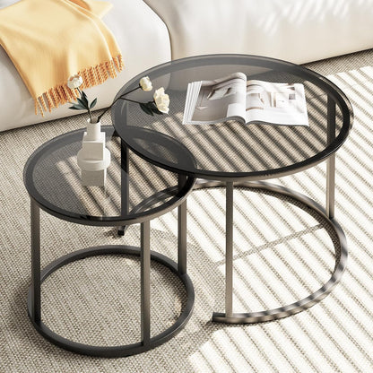 aboxoo Nesting Coffee Table Grey Glass Table Set of 2, Small Round Glass Nesting Tables for Living