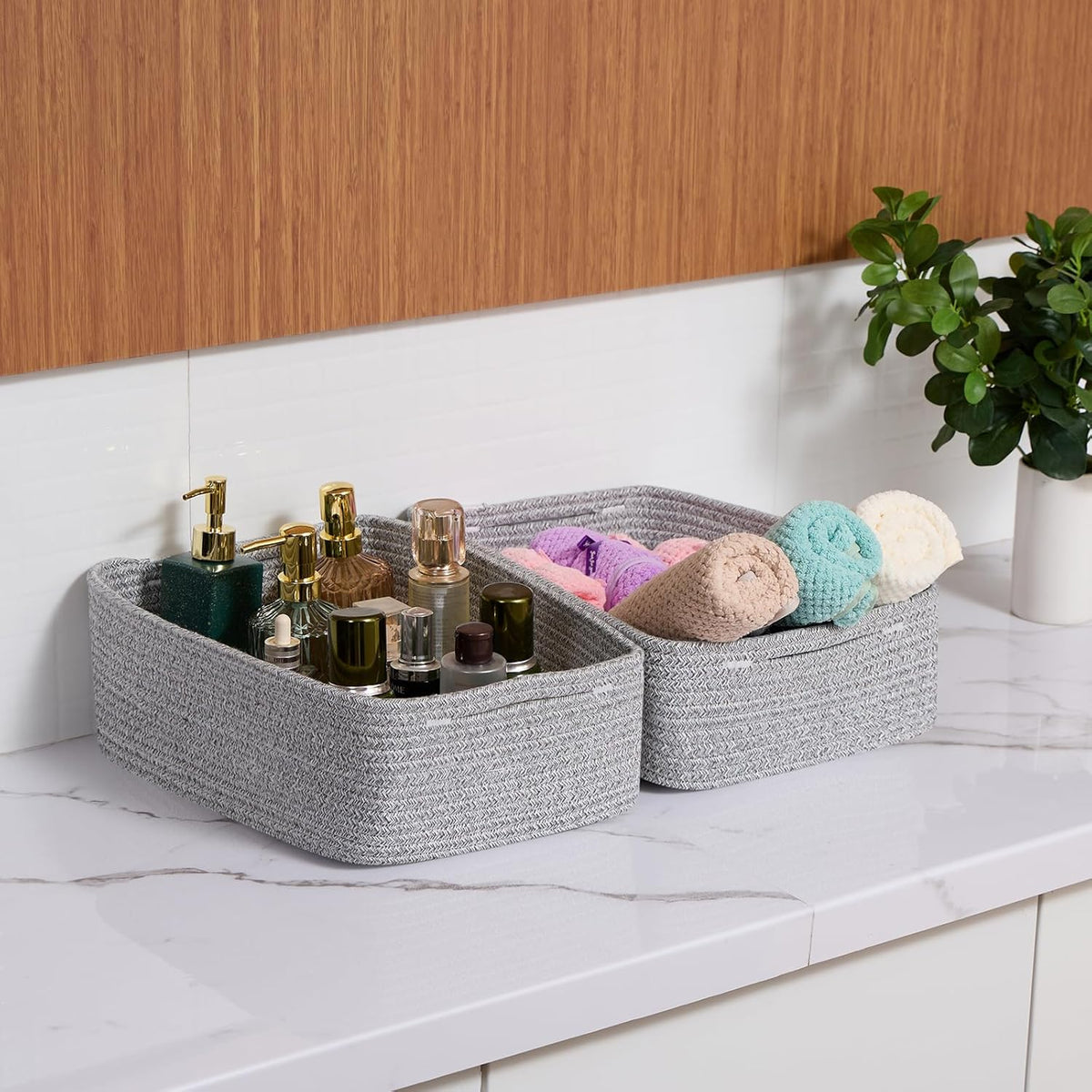 Large Shallow Organizing Baskets 15x11x5.1 Inches - Rope Woven Storage Bins for Bathroom, Shelves