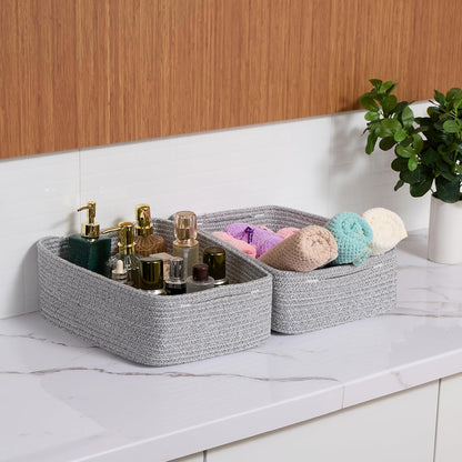 Large Shallow Organizing Baskets 15x11x5.1 Inches - Rope Woven Storage Bins for Bathroom, Shelves