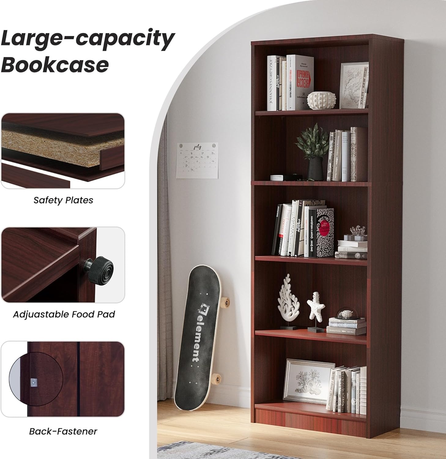 Bookshelf, Open Modern Bookshelf, 5 Shelf Bookcase with Freestanding Display Storage, Wooden Book