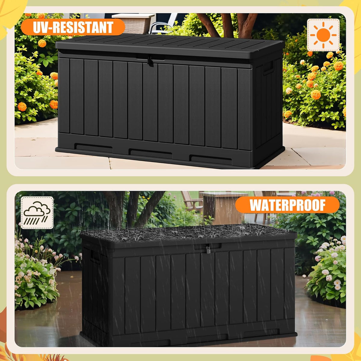 Devoko 90 Gallon Double-Wall Deck Box, Side Handles, HDPE Outdoor Large Storage Box Waterproof and