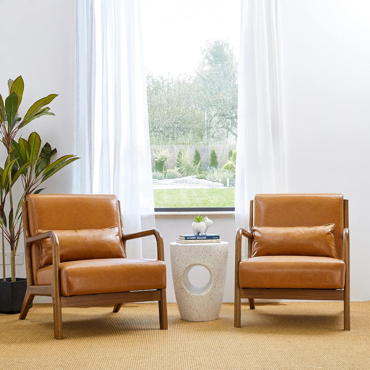 Glitzhome 2 Set Mid Century Yellowish Brown Accent Armchair, Single Reading Armchair PU Leather