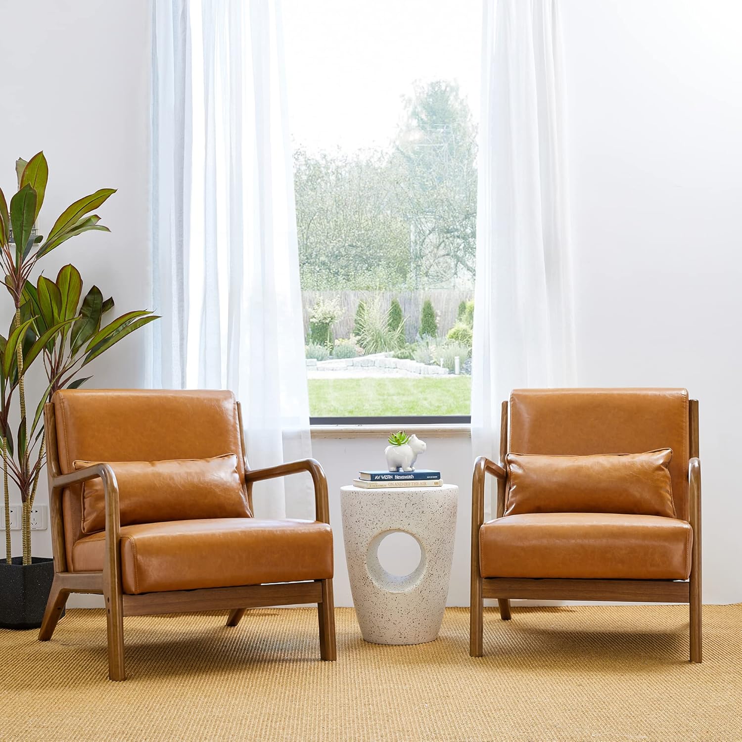 Glitzhome 2 Set Mid Century Yellowish Brown Accent Armchair, Single Reading Armchair PU Leather