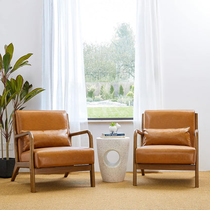 Glitzhome 2 Set Mid Century Yellowish Brown Accent Armchair, Single Reading Armchair PU Leather