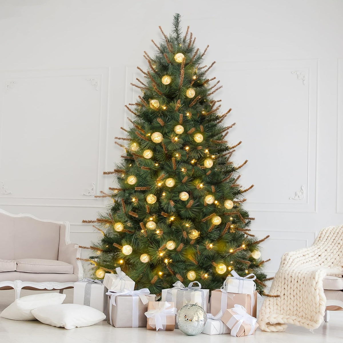 Selena 7.5ft Prelit Artificial Christmas Tree with 1209 Branch Tips, 400 Warm Lights and Metal