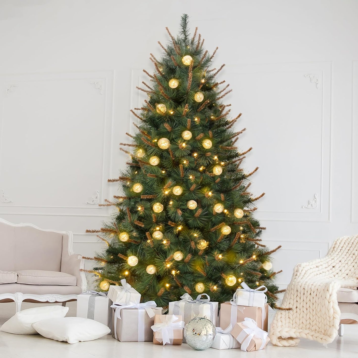 Selena 6.5ft Prelit Artificial Christmas Tree with 857 Branch Tips, 300 Warm Lights and Metal
