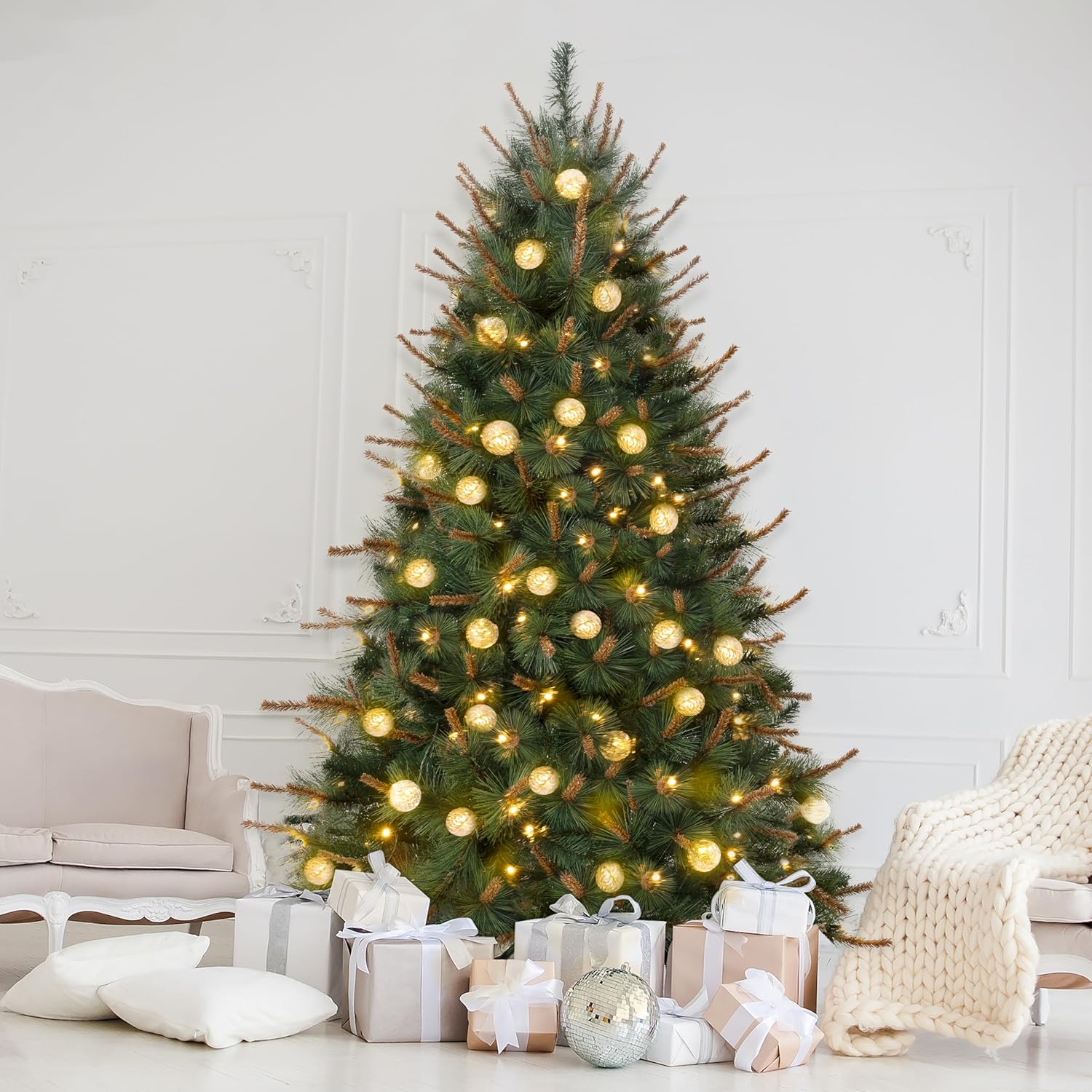 Selena 6.5ft Prelit Artificial Christmas Tree with 857 Branch Tips, 300 Warm Lights and Metal