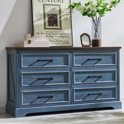 Farmhouse 6 Drawer Dresser for Bedroom, 52 Inch Wide Modern Dresser TV Stand with Large Drawers &