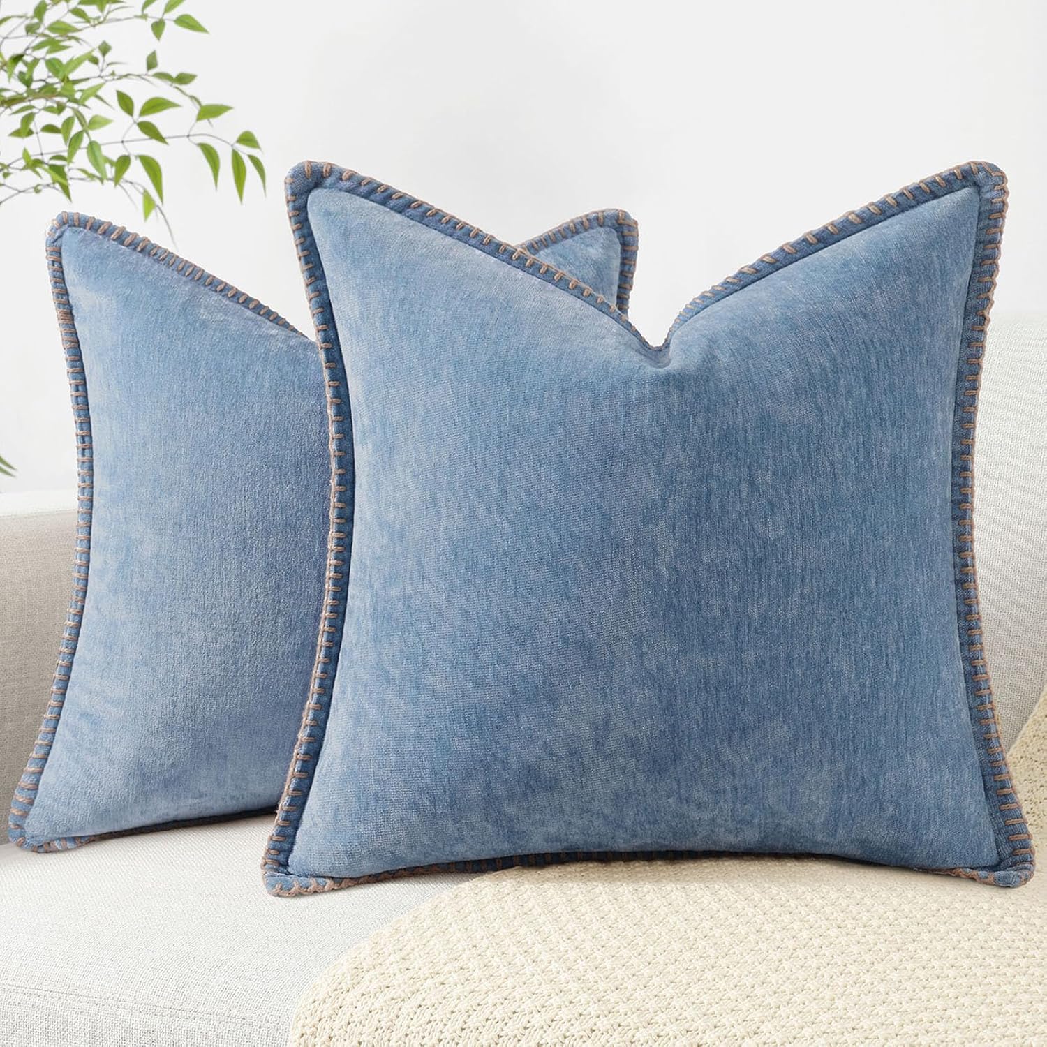 decorUhome Chenille Soft Throw Pillow Covers 26x26 Set of 2, Farmhouse Velvet Neutral Decorative
