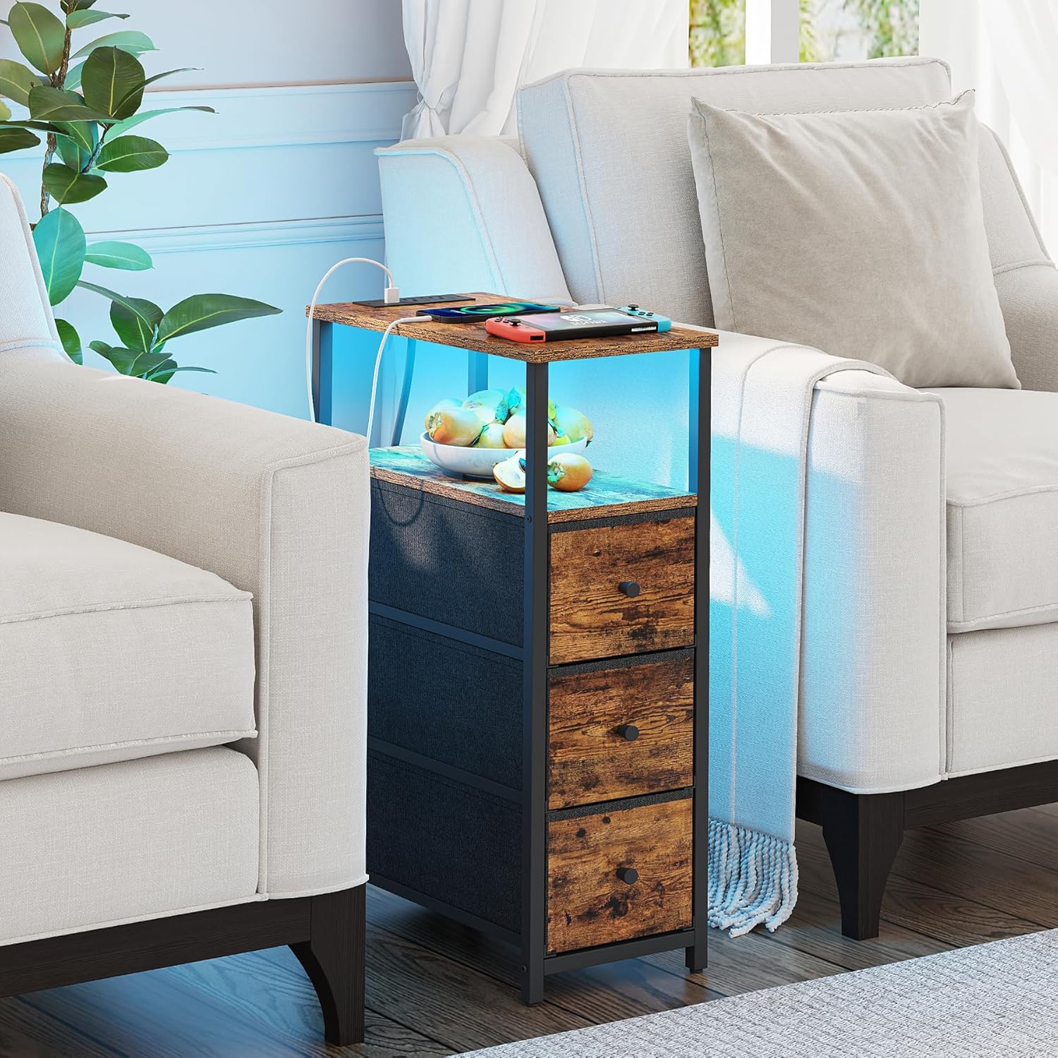 TUTOTAK Narrow LED Night Stand with Charging Station, Slim End Table with Plugins, Tall Side Table