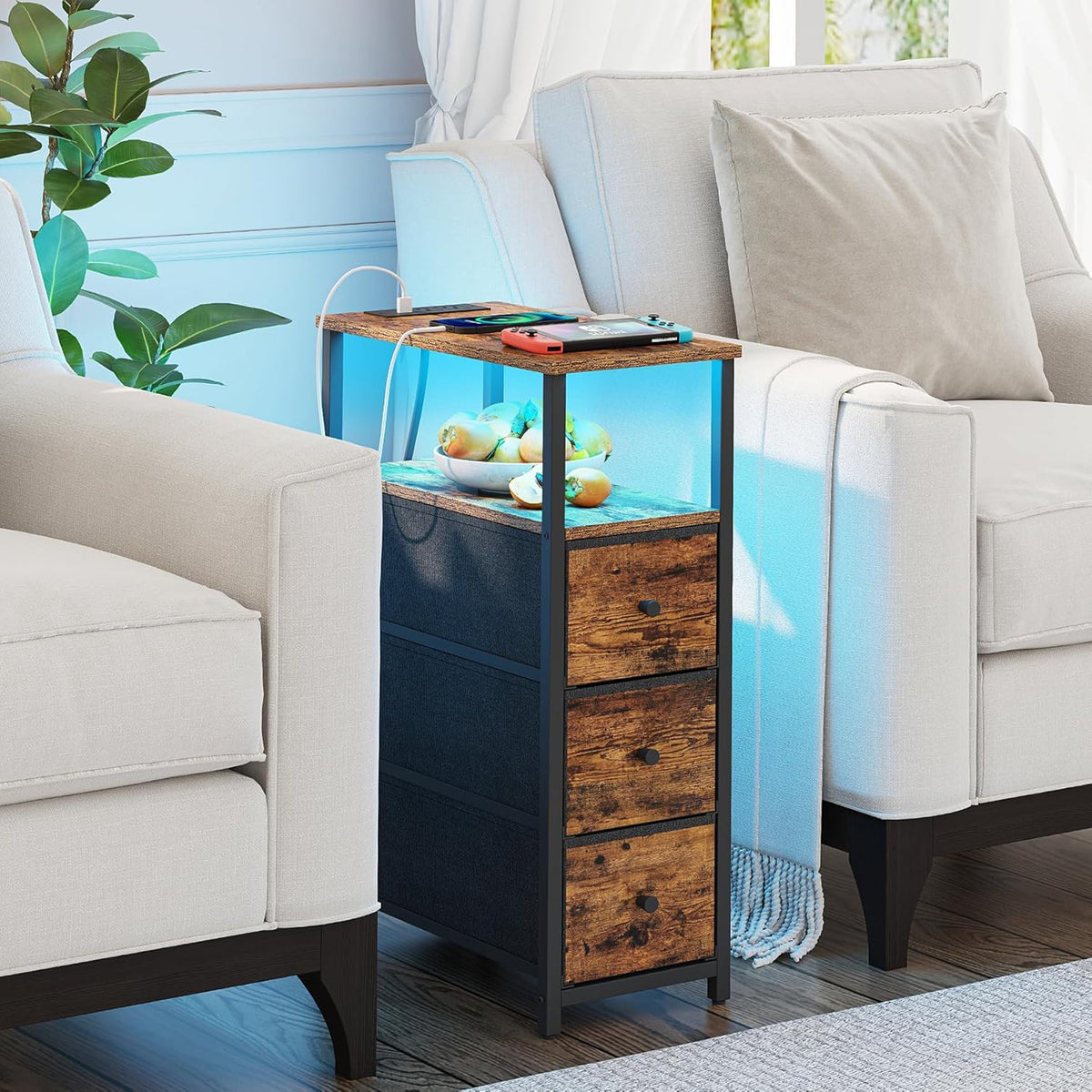 TUTOTAK Narrow LED Night Stand with Charging Station, Slim End Table with Plugins, Tall Side Table