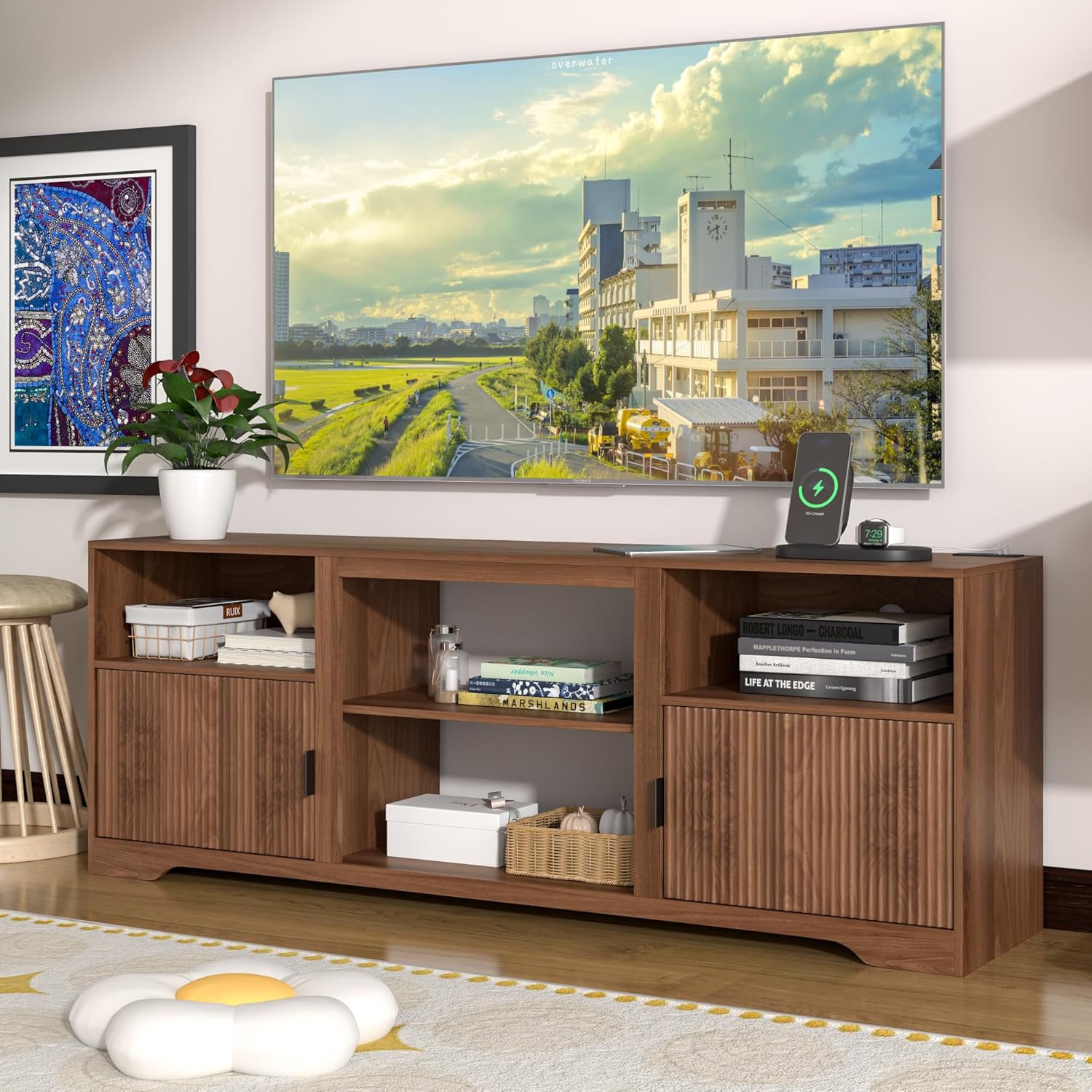 Fluted TV Stand for Tvs up to 80",Mid Century Modern TV Stand with Open Adjustable