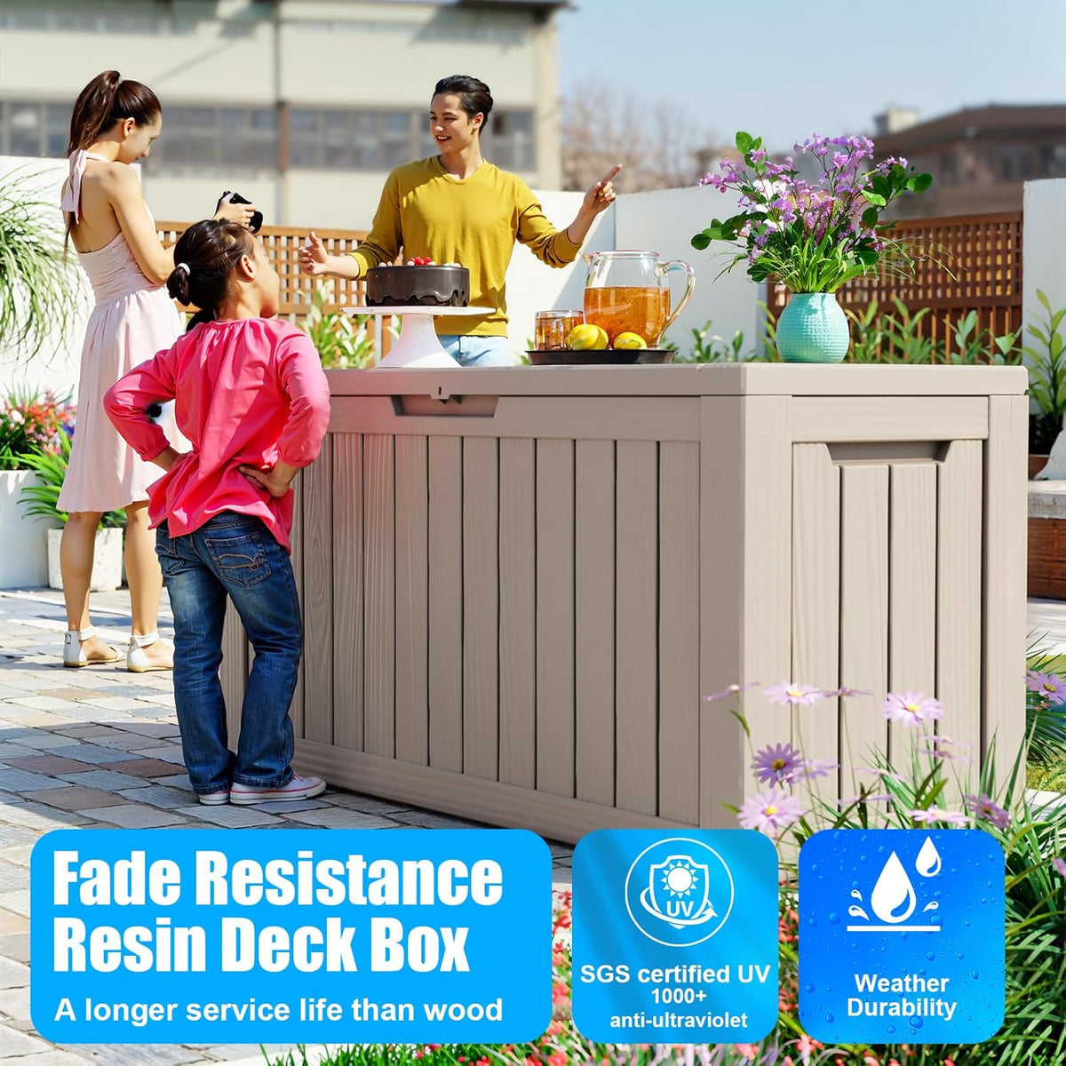 Vixzen 80 Gallon Resin Deck Box, Lockable Outdoor Storage Box for Patio Cushions Storage