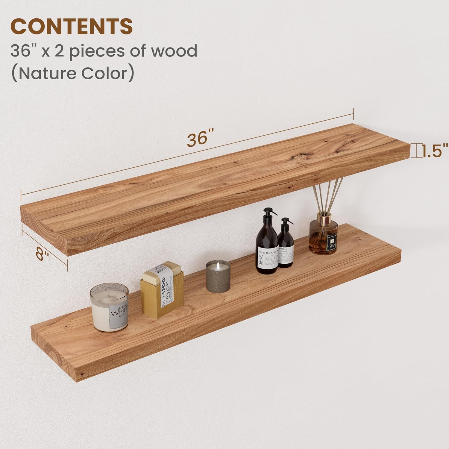 Floating Shelves for Wall Decor, 8" Deep Rustic Solid Elm Wood Floating Shelves Wall Mounted, Wall