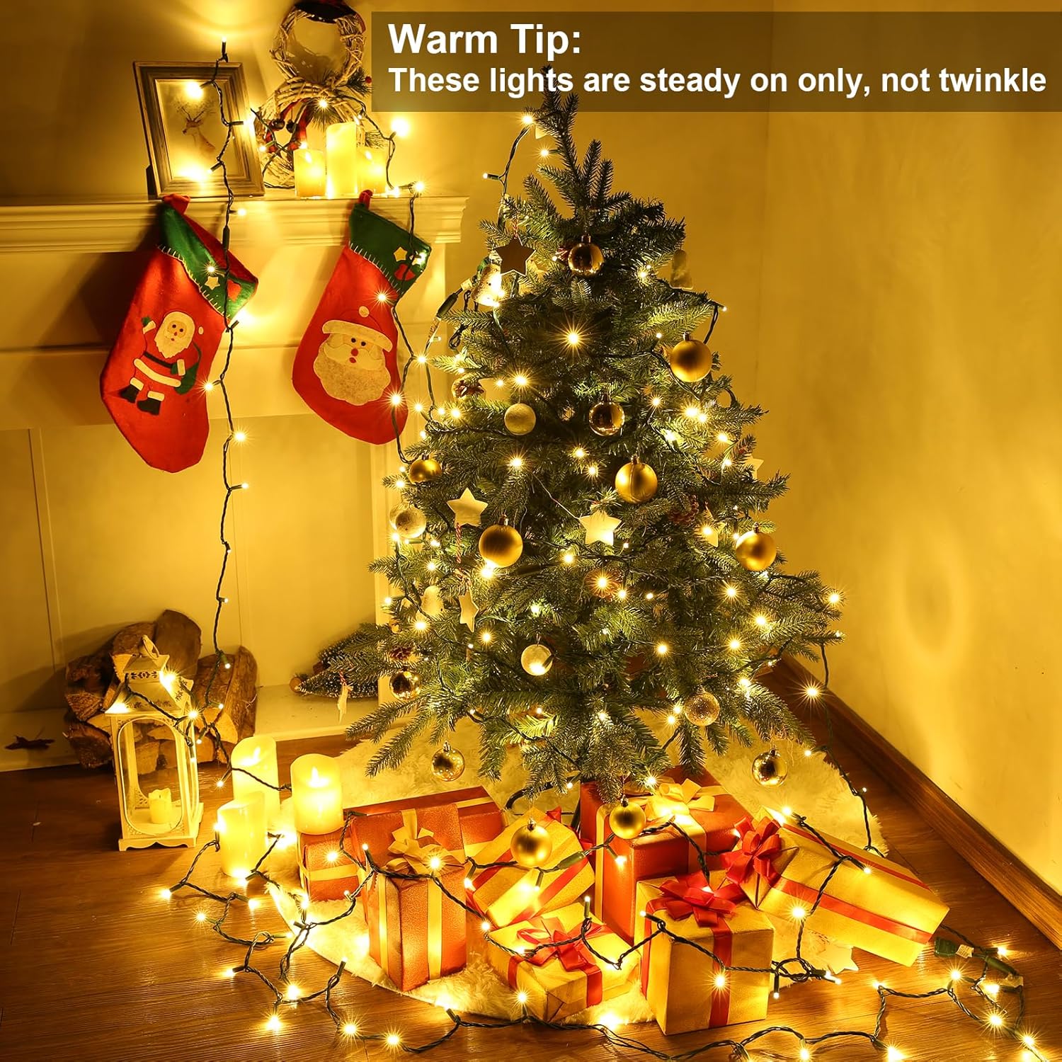 Brizled 33ft 100 LED Christmas Tree Lights - Steady On Only, 5mm Wide Angle, Connectable 120V UL