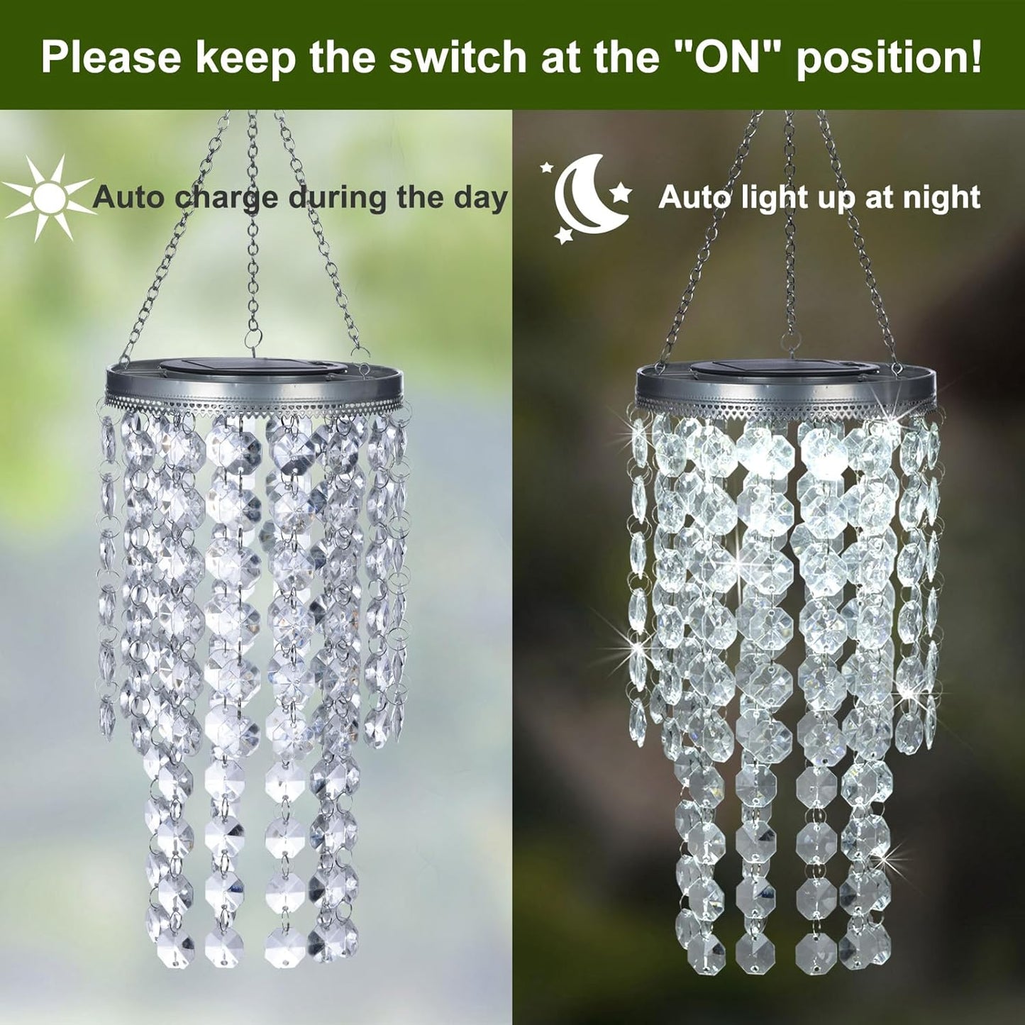 Hanging Solar Lantern Outdoor, 2 Tiers 21” Solar Transparent Acrylic Beaded Chandelier with Cool