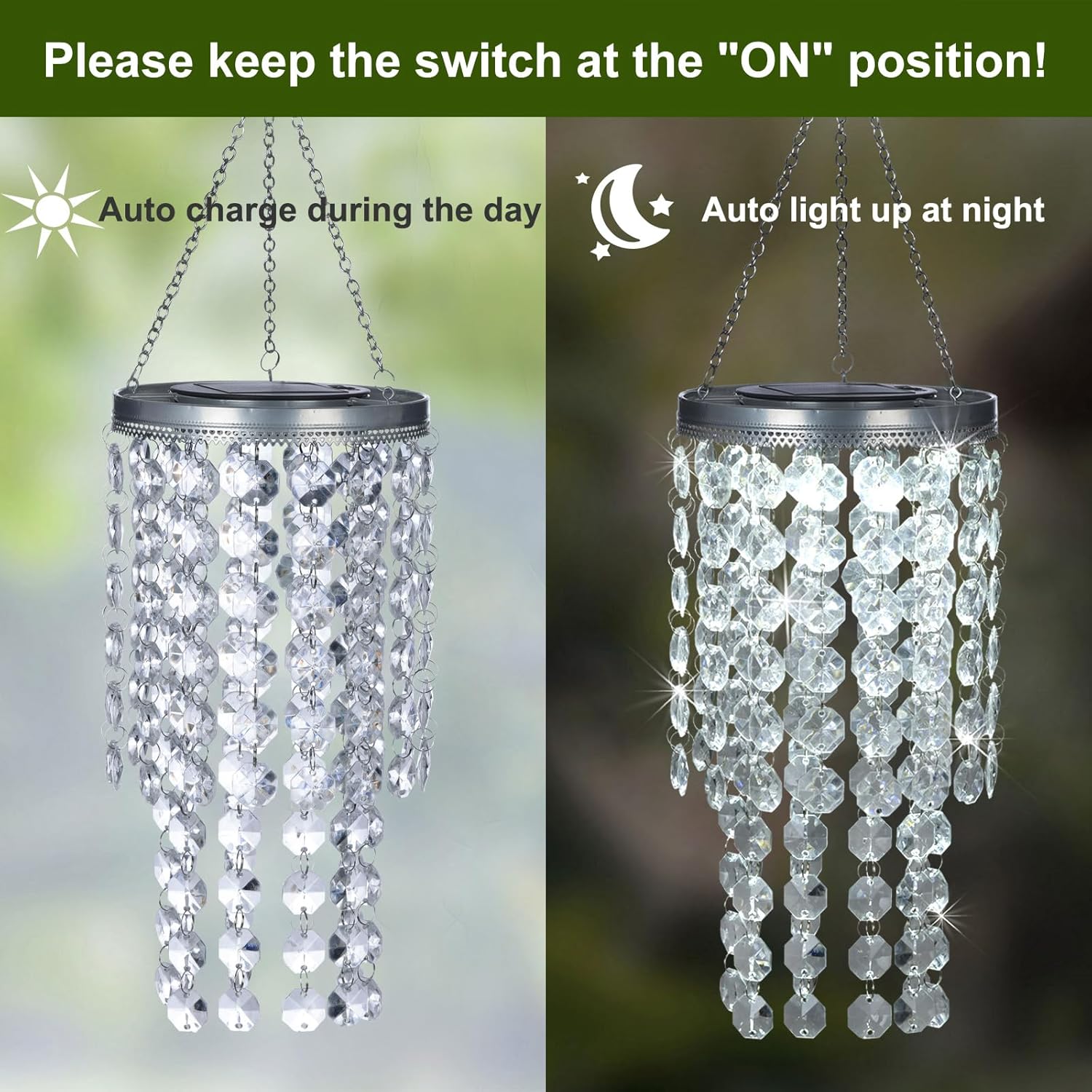 Hanging Solar Lantern Outdoor, 2 Tiers 21” Solar Transparent Acrylic Beaded Chandelier with Cool