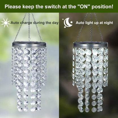 Hanging Solar Lantern Outdoor, 2 Tiers 21” Solar Transparent Acrylic Beaded Chandelier with Cool