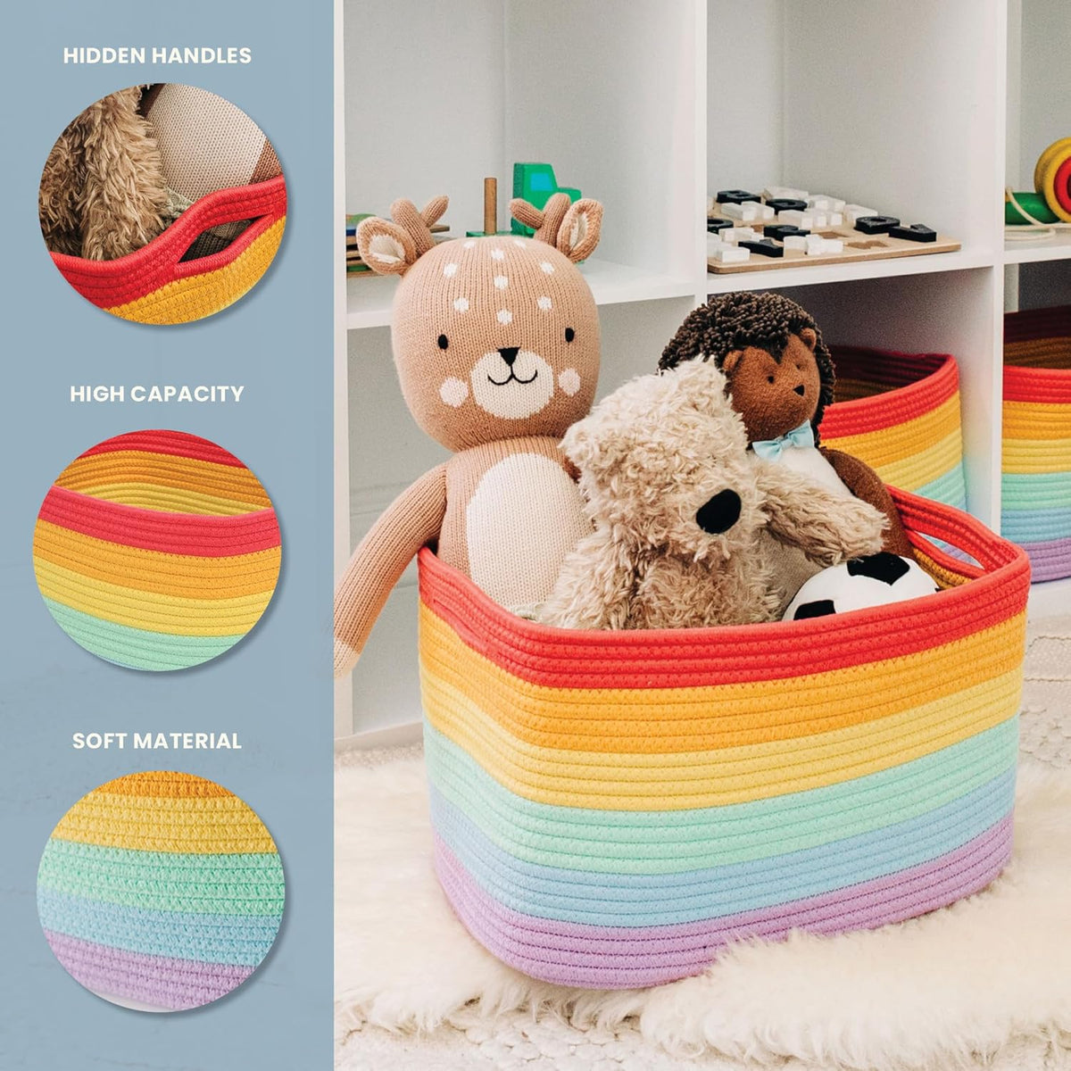 OrganiHaus Set of 3 Rainbow Woven Storage Baskets for Organizing, Cotton Rope Organizer Bins for