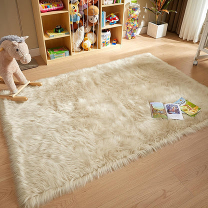 AMTOVO Faux Fur Sheepskin Rug for Living Room, 4 x 6 ft Beige Fluffy Area Rug for Bedroom