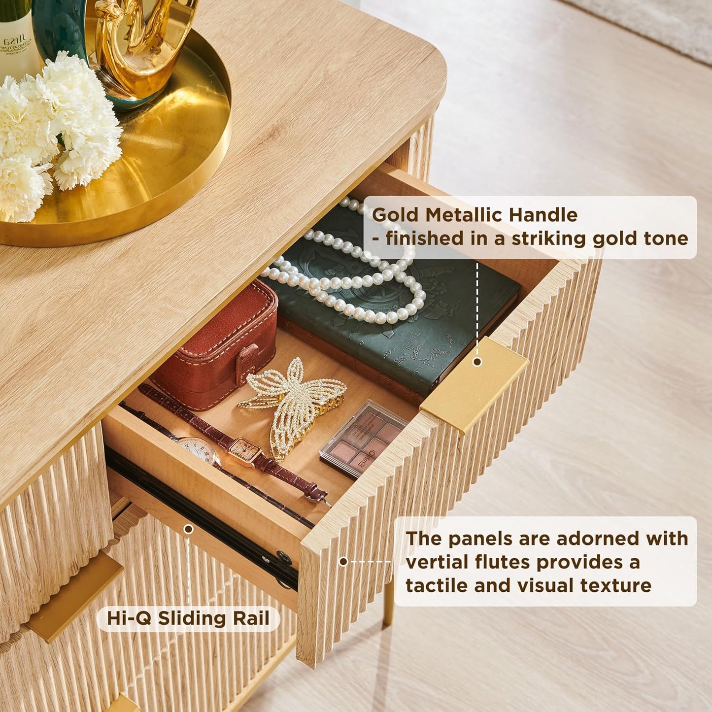 T4TREAM Fluted 7 Drawers Dresser for Bedroom, 54" Wide Modern Dresser TV Stand, Gold Accents