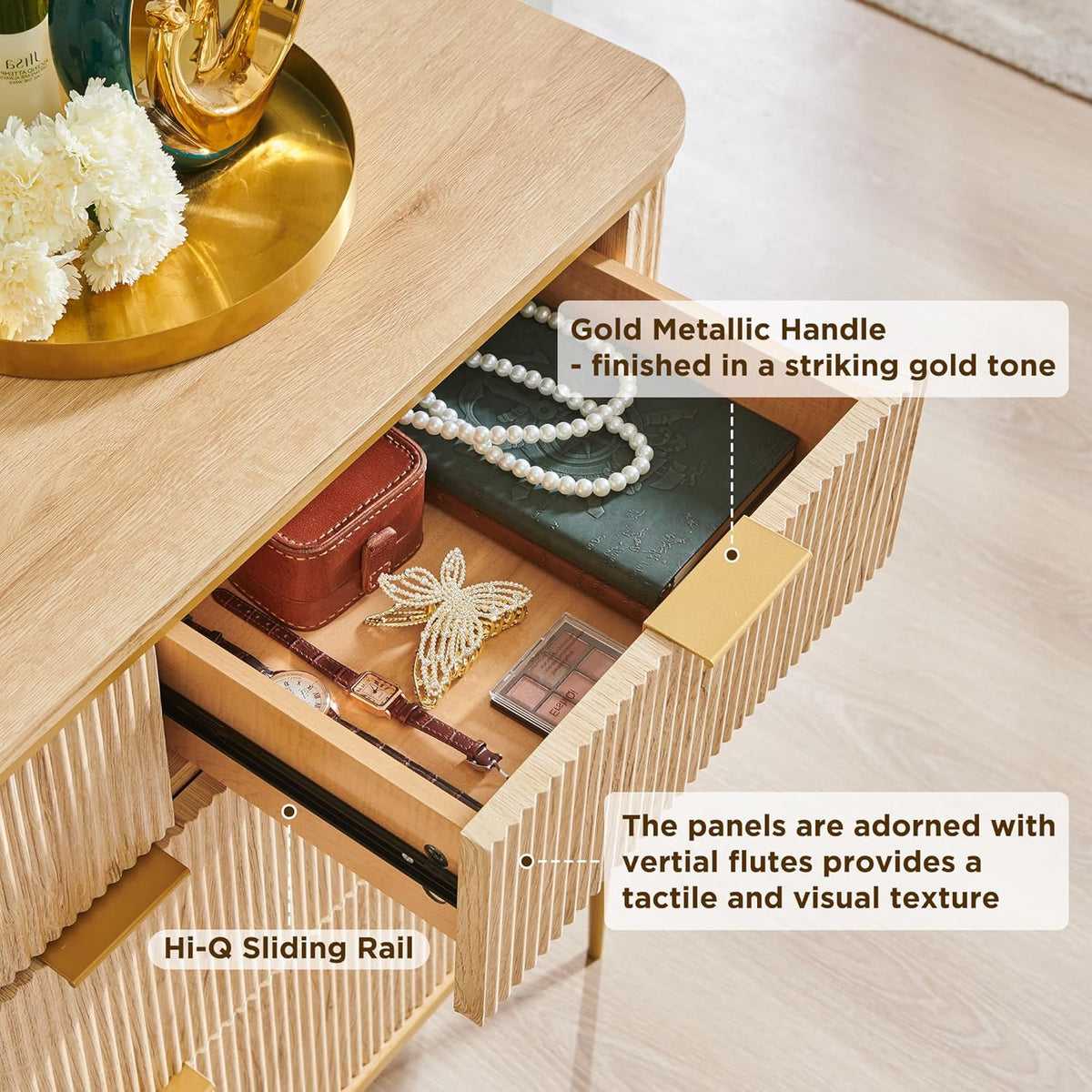 T4TREAM Fluted 7 Drawers Dresser for Bedroom, 54" Wide Modern Dresser TV Stand, Gold Accents