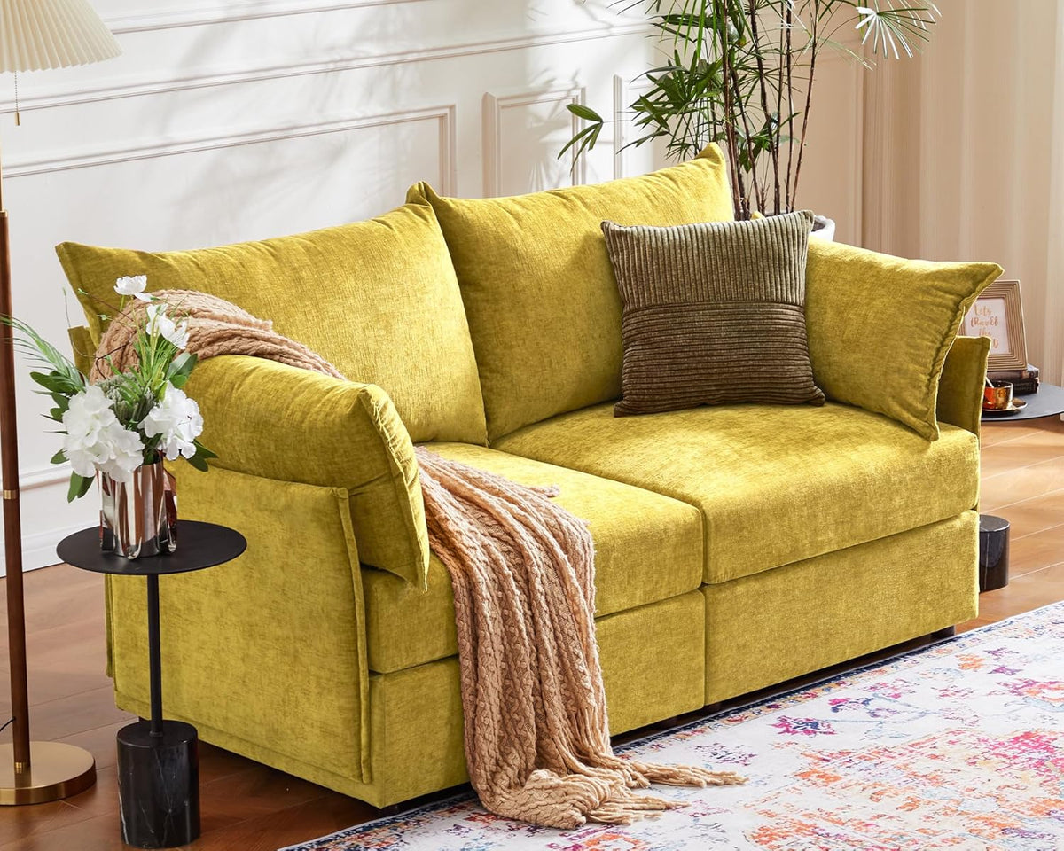 Oversized Loveseat Sofa, Modern Modular Sectional Couch Yellow Fluffy Chenille Mid Century 2-Seat
