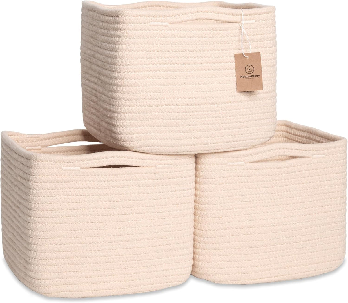 NaturalCozy Storage Cubes 9”x9”x7”Cotton Rope Woven Baskets for Organizing 3-Pack | 9 Inch Cube