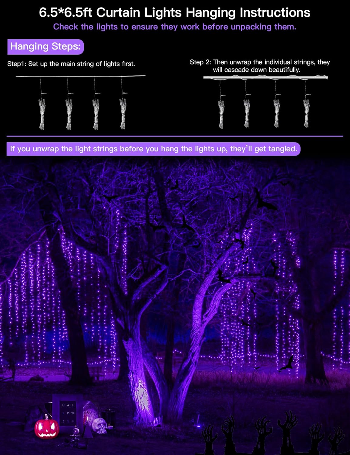 suddus Purple Curtain Lights for Halloween, 200 LED Hanging String Lights with USB Plug, Curtain