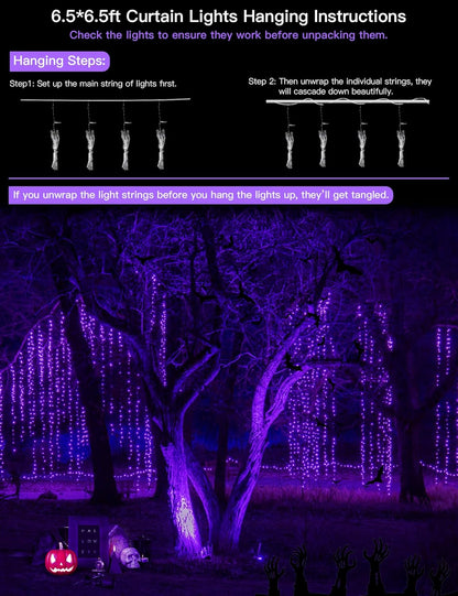 suddus Purple Curtain Lights for Halloween, 200 LED Hanging String Lights with USB Plug, Curtain