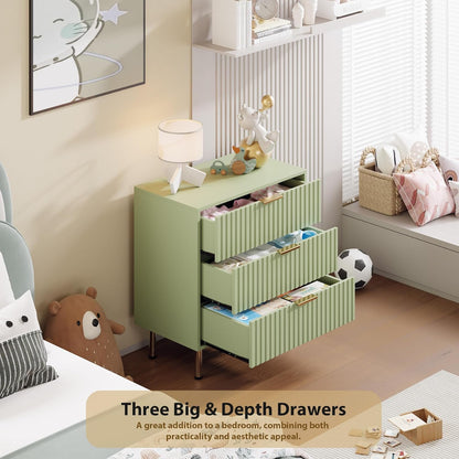 Green 3 Drawer Dresser for Bedroom, Fluted Modern Nightstand with Deep Drawers, Chest of Drawers
