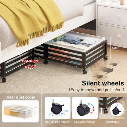 Under Bed Storage Containers With Wheels - 2 Pcs Large Bamboo Wood Rolling Underbed Shoe Storage
