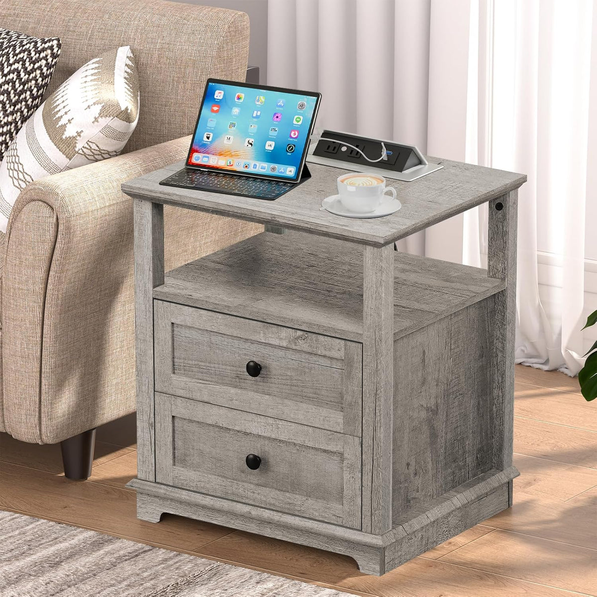 HIFYOBRO End Table with 2 Drawers and Charging Station, Type-C & USB Port & Power outlets, Wooden