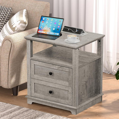 HIFYOBRO End Table with 2 Drawers and Charging Station, Type-C & USB Port & Power outlets, Wooden