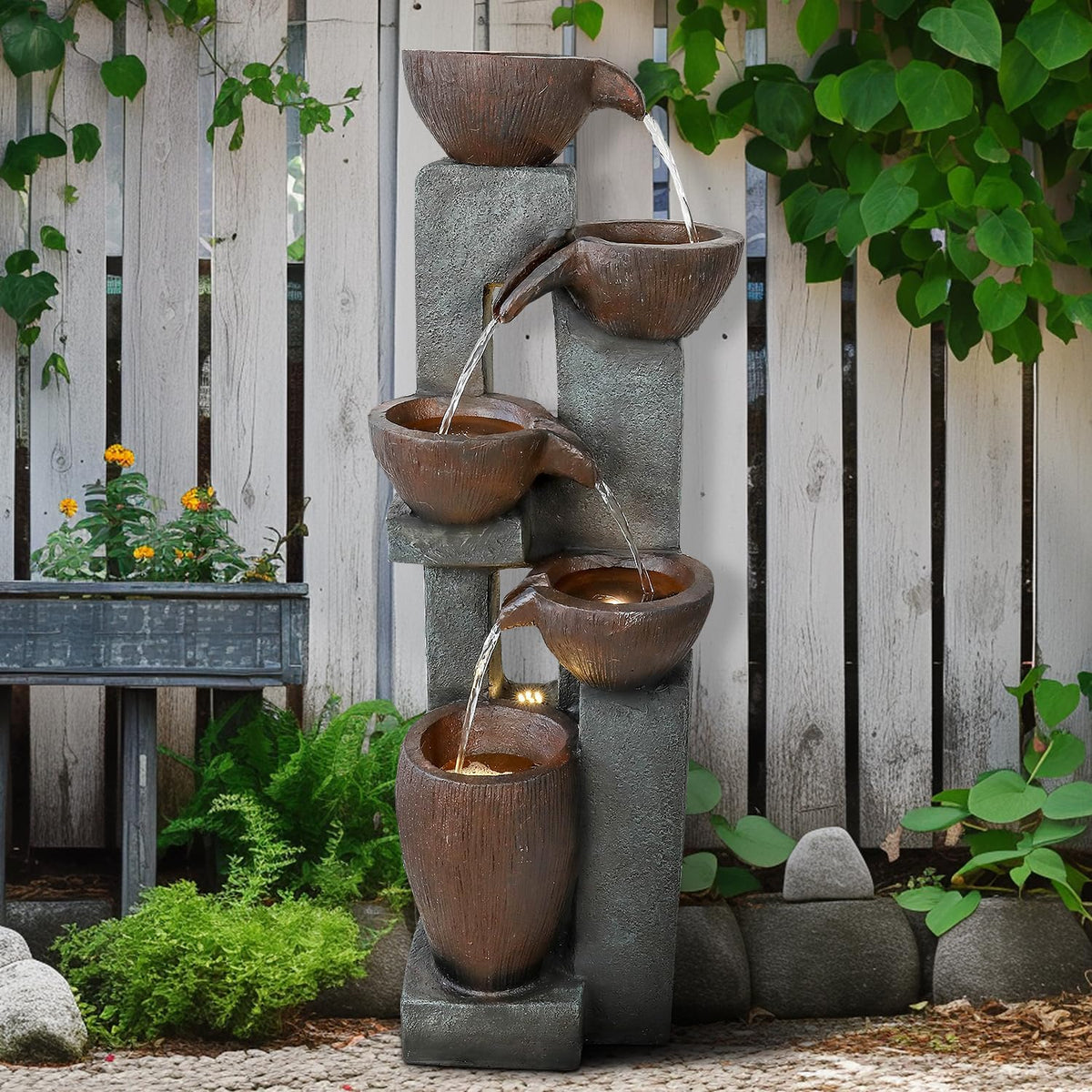 Naturefalls 39” H Modern Outdoor Fountain - 5 Crocks Outdoor Garden Fountains with Contemporary