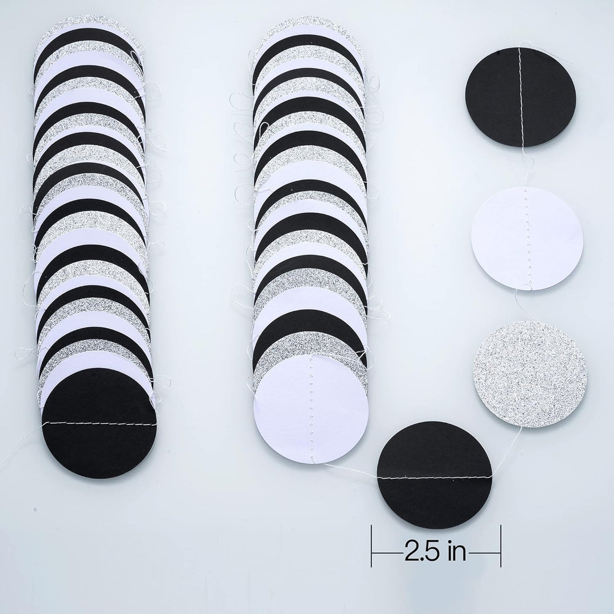 Black White Silver Glitter Paper Garland Circle Dot Streamer Banner for Graduation Bridal Shower