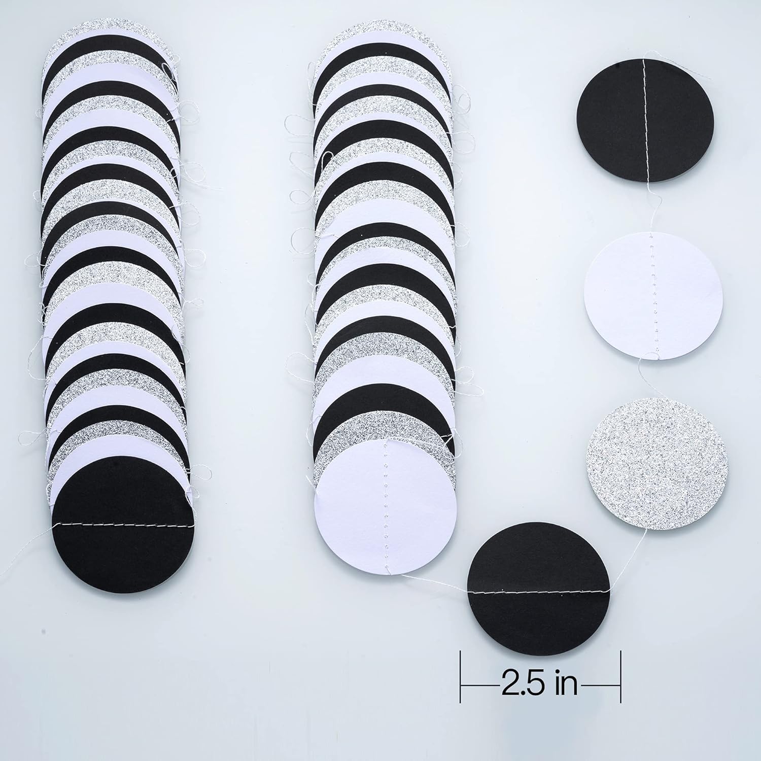 Black White Silver Glitter Paper Garland Circle Dot Streamer Banner for Graduation Bridal Shower