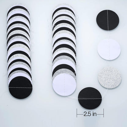 Black White Silver Glitter Paper Garland Circle Dot Streamer Banner for Graduation Bridal Shower