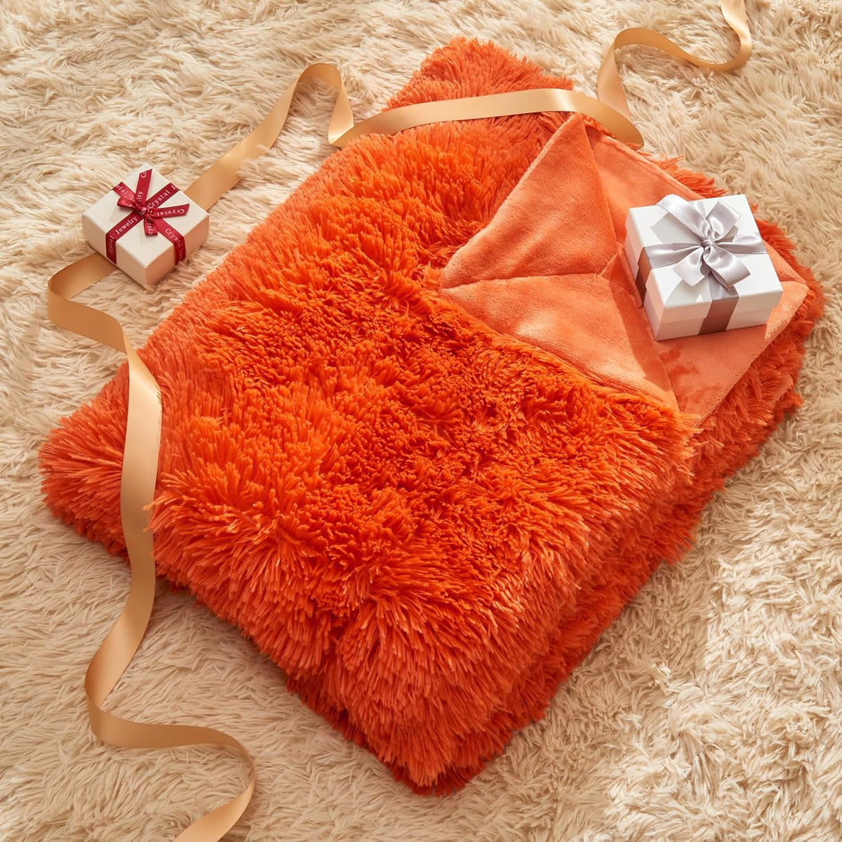 GONAAP Fuzzy Faux Fur Throw Blanket Orange Super Soft Cozy Plush Fuzzy Shaggy Blanket for Couch