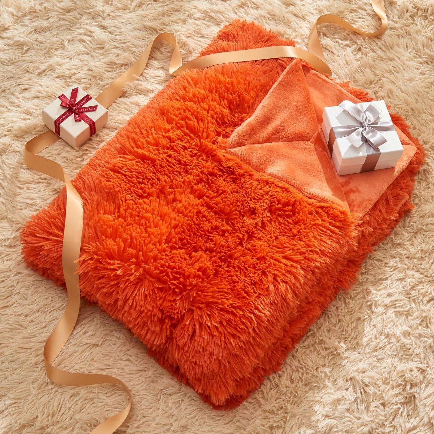 GONAAP Fuzzy Faux Fur Throw Blanket Queen Size Orange Super Soft Cozy Plush Fuzzy Shaggy Blanket