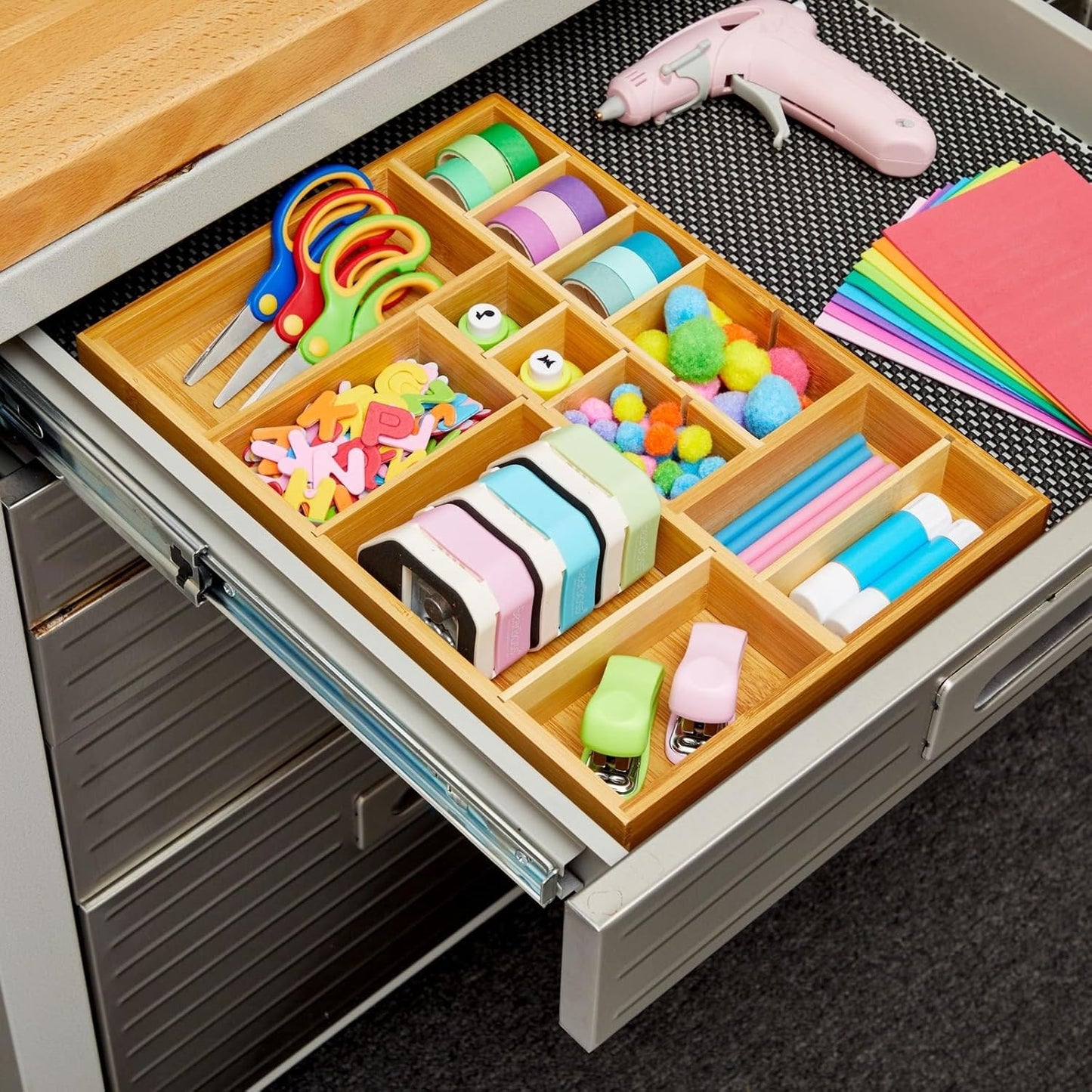 Juvale Drawer Organizer Tray - 14 x 10 x 2 In Brown Bamboo - 8 Adjustable Dividers for Custom