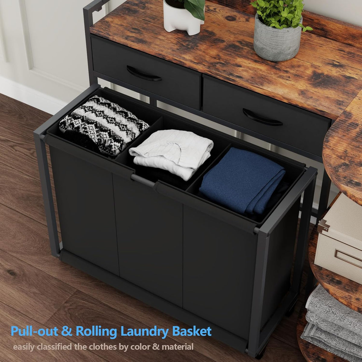 L Shaped Laundry Hamper Laundry Basket with 3 Section Pull-Out Rolling Bags & 3-Tier Storage Shelf