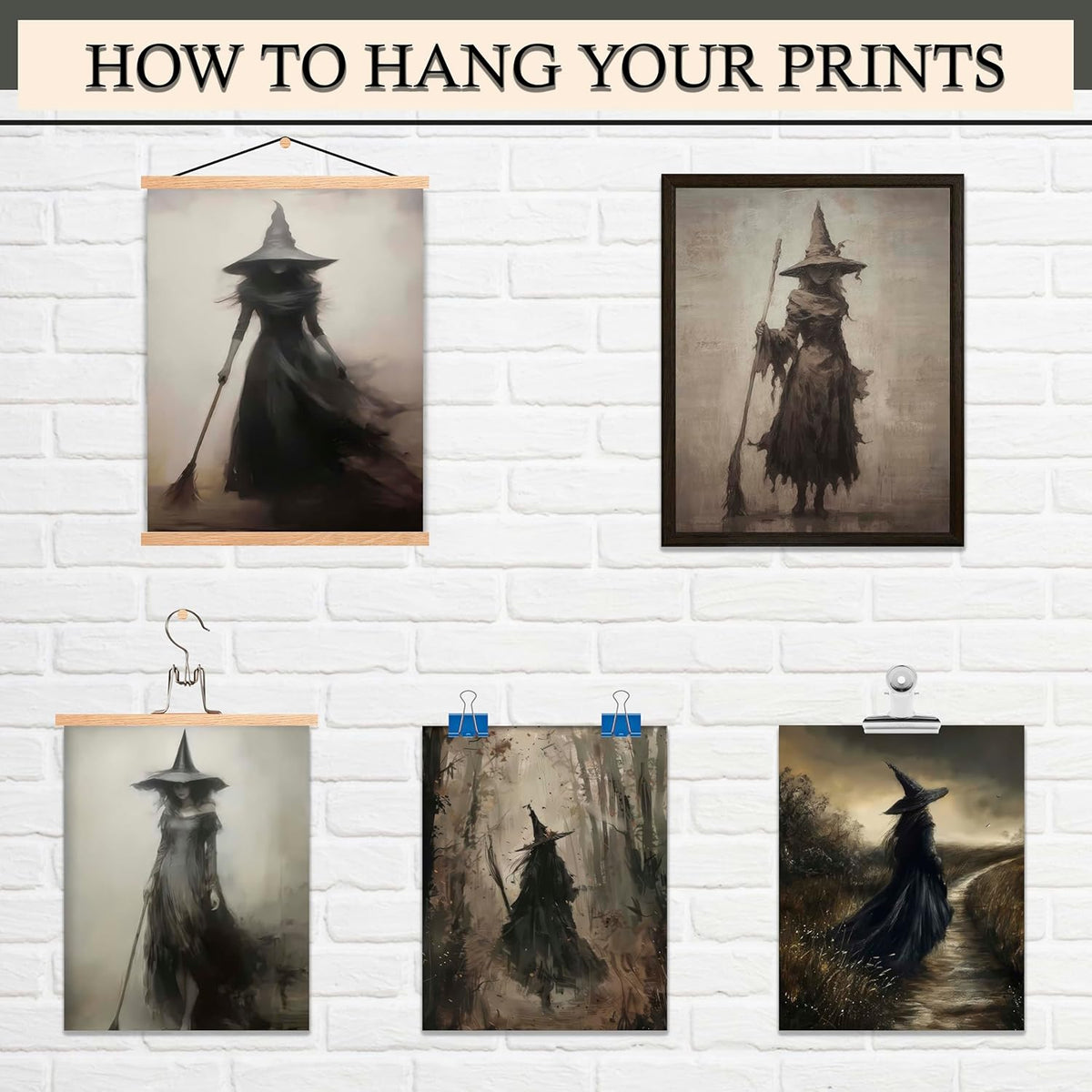 LANCHI95 6 Pcs 8x10in Vintage Rustic Witch Posters Halloween Wall Art Witch in The Forest Painting