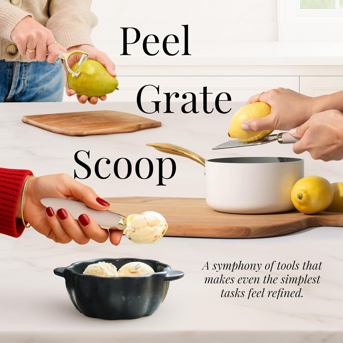 Gold and Beige Kitchen Utensils Set – 8 PC Cooking Gadgets with Mini Gold Whisk and Tongs, Pizza