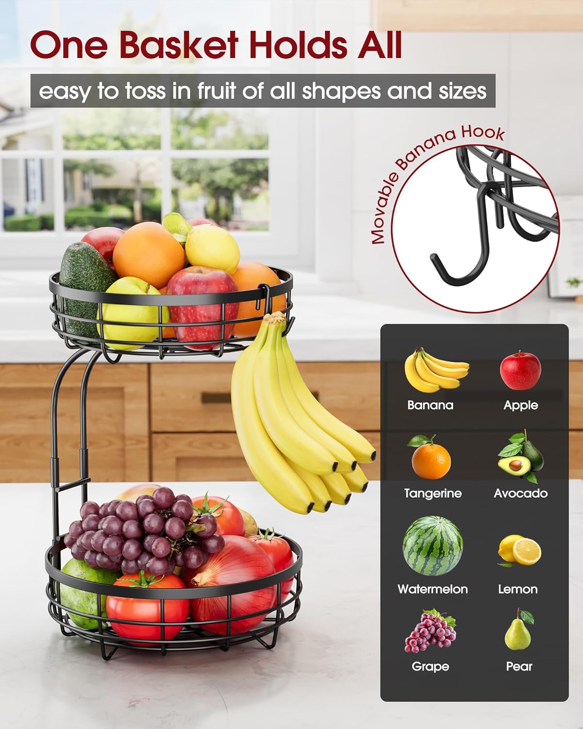 Fruit Basket for Kitchen Counter - 2-Tier Large Capacity Fruit Bowl with Detachable Banana Hanger